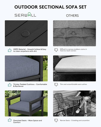SERWALL HDPE Patio Furniture Set, 7-piece Outdoor Sectional Sofa Set, All Weather Outdoor Couch Set for Deck, Lawn, Black Frame with Grey Cushion