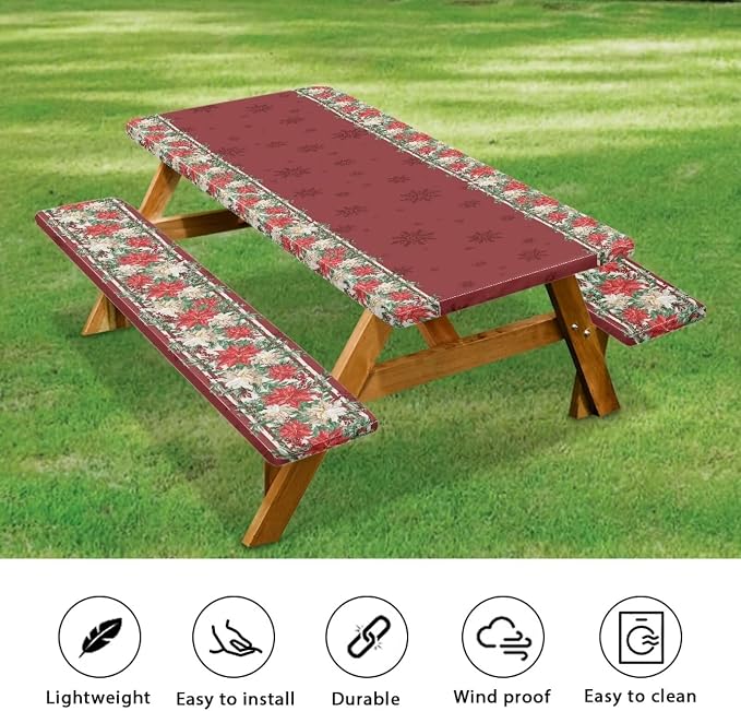Christmas Red Flowers Outdoor Picnic Table Cover Decorations 3 PCS Set Fitted for Camping