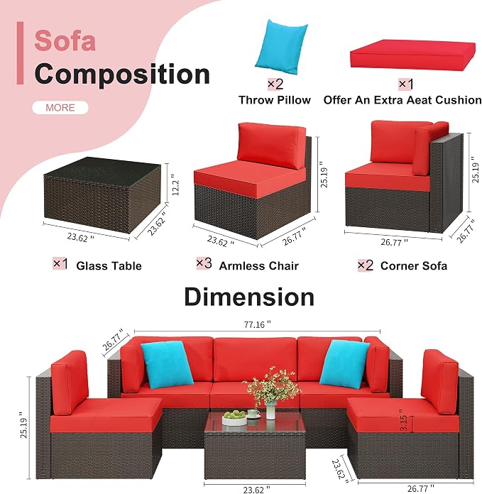 6 Pieces Patio Furniture Set Outdoor Couch Wicker Sectional Sofa, Red