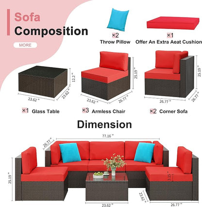 6 Pieces Patio Furniture Set Outdoor Couch Wicker Sectional Sofa, Red
