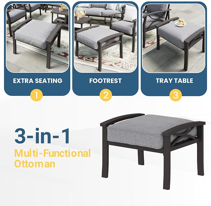 RoyalCraft Outdoor Patio Furniture Set, 7 Seats Outdoor Patio Set with 4" Thick Cushion, All-Weather Metal Patio Sofa with Coffee Table, Outdoor Sectional Furniture for Porch Backyard, Khaki&Grey