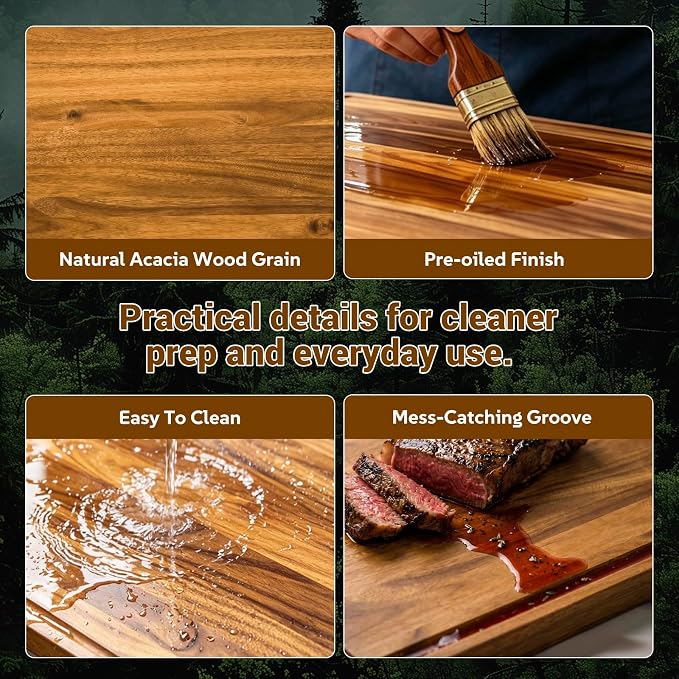 Sentsu Extra Large Acacia Wood Cutting Board 30 x 20 in, Deep Juice Groove | 100% solid acacia, handles, carving, serving, stove top cover and countertop extender for daily prep