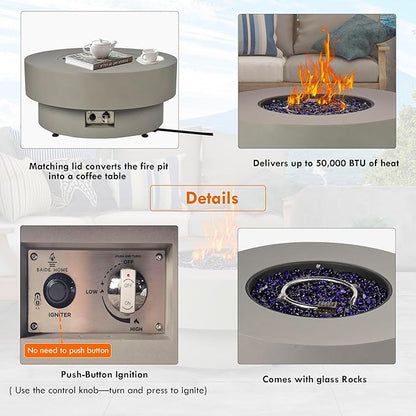 Propane Outdoor Fire Pit Table with Wind Glass Shield, Flint & Concrete Look 32-inch Round Patio Gas Fire Table 50,000 BTU w/Lid, Fire Glass, Cover, Pre-Attached 10ft Propane Hose