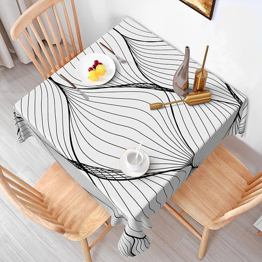 Black White Striped Square Tablecloth Abstract Modern Wave Stripes Washable Wrinkle Free Spill Proof Decorative Square Table Cover for Dining Table Farmhouse Kitchen Restaurant 60x60 Inch