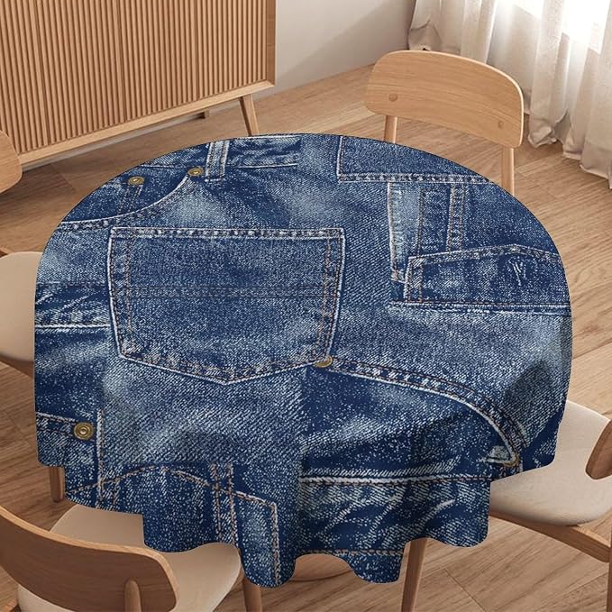 Denim Patchwork Print Style Round Tablecloth, Fashionable Denim Pattern Design (Not Denim Fabric) Water Resistant Table Cover for Farmhouse Picnic Party Holiday Kitchen Dinner Table 70"