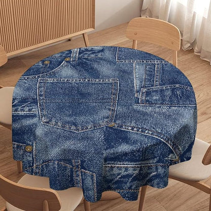 Denim Patchwork Print Style Round Tablecloth, Fashionable Denim Pattern Design (Not Denim Fabric) Water Resistant Table Cover for Farmhouse Picnic Party Holiday Kitchen Dinner Table 36"
