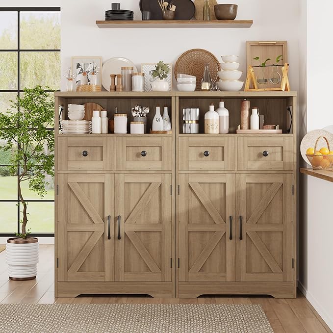 Befrases Natural Wood Storage Cabinet with Drawers and Shelves, Standing Kitchen Pantry Cabinet, Floor Storage Cabinet Hutch Cupboard, Coffee Bar Station for Dining Living Room Home Office