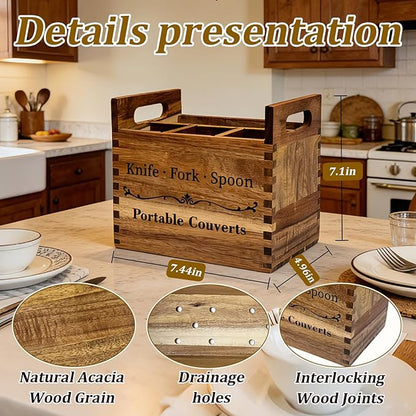 Portable Acacia Wood Kitchen Utensil Holder with Handle, Warm Aesthetic 4-Compartment Flatware Organizer, Utensil Holder Counter for Parties Picnics RV Dining