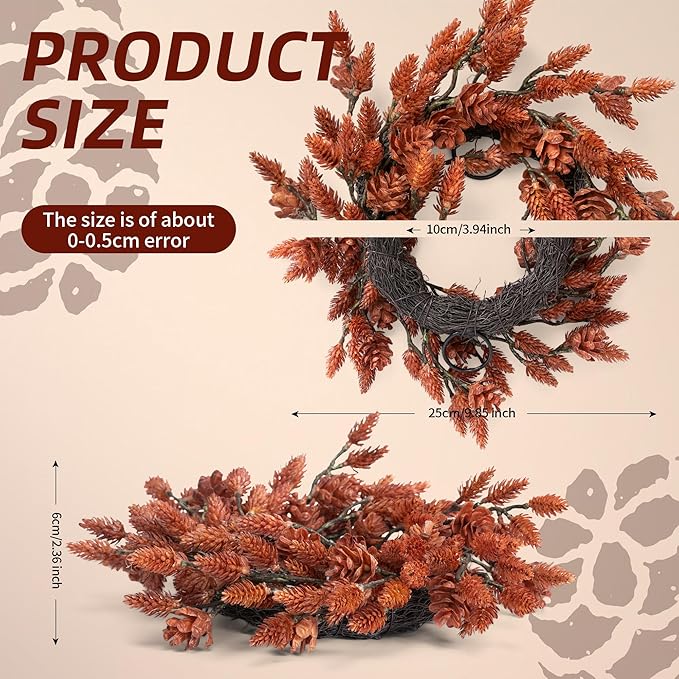 2 Pcs Christmas Candle Rings Wreaths, 10 Inch Candle Wreath with Artificial Red Pinecone, Christmas Candle Holder Indoor Decor for Home Kitchen Cabinets Centerpieces for Tables