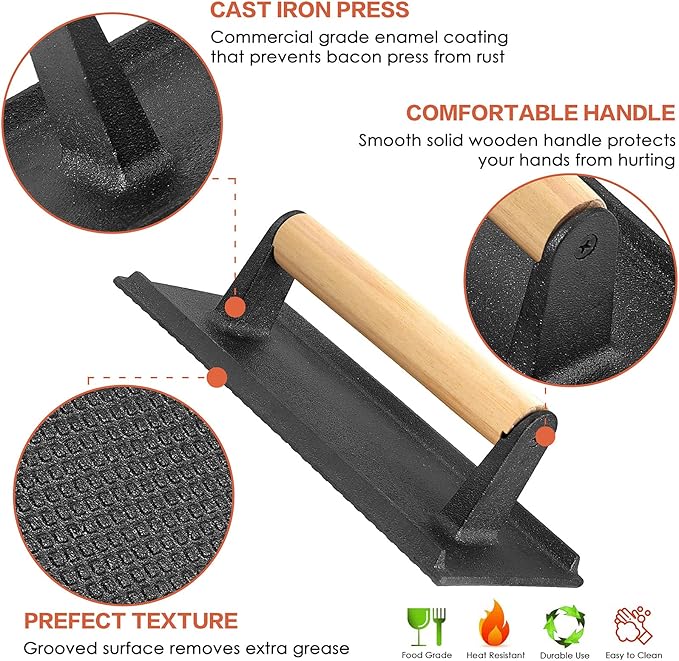 HaSteeL Bacon Hamburger Press for Griddle Flat Top Teppanyaki, Pre Seasoned 8 x 4In Cast Iron Grill Weight with Wooden Handle, Perfect for BBQ Steaks Pannis Sandwiches Meats - 1Pk