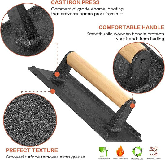 HaSteeL Bacon Hamburger Press for Griddle Flat Top Teppanyaki, Pre Seasoned 8 x 4In Cast Iron Grill Weight with Wooden Handle, Perfect for BBQ Steaks Pannis Sandwiches Meats - 1Pk