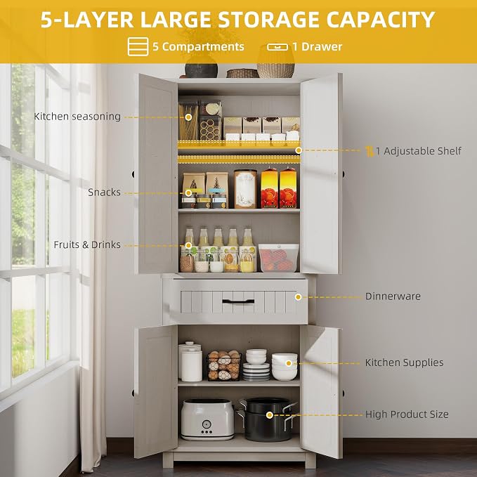 DWVO 72" Tall Farmhouse Pantry Cabinet, Kitchen Storage Pantry with Barn Doors & Drawer, Versatile Organizer with Adjustable Shelves, Rustic Cupboard for Dining Room, Living Room, White Oak | Tall Farmhouse Kitchen Pantry Cabinet, Kitchen Cupboard Vers...