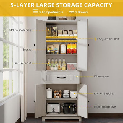 DWVO 72" Tall Farmhouse Pantry Cabinet, Kitchen Storage Pantry with Barn Doors & Drawer, Versatile Organizer with Adjustable Shelves, Rustic Cupboard for Dining Room, Living Room, White Oak | Tall Farmhouse Kitchen Pantry Cabinet, Kitchen Cupboard Vers...