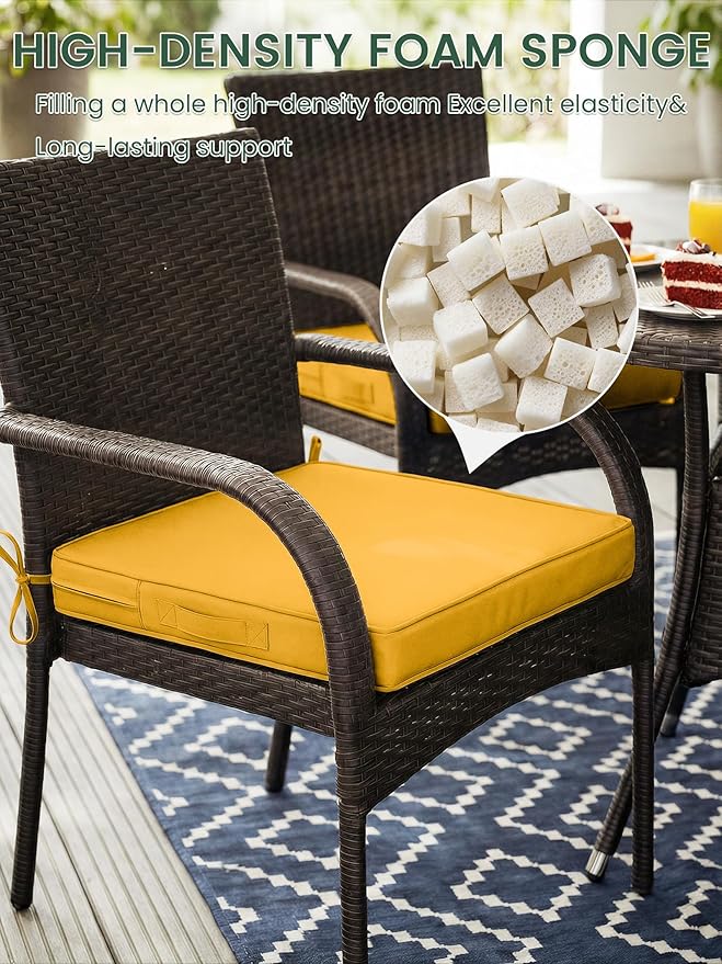 Outdoor Chair Cushion 17 x 16 x 3 Inches Patio Furniture Outdoor Waterproof Seat Cushion, Patio Chair Cushion with Handles and Ties, Square Dining Chair Cushion Set of 2, Yellow