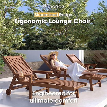 THOEOE Patio Chaise Lounge Chair Set of 4, Oversized Lounge Chair Outdoor with 5 Positions, 78″ Long, HDPE, Patio Lounge Chair with Wheels & Cup Holder for Pool, Deck, Poolside,Wood