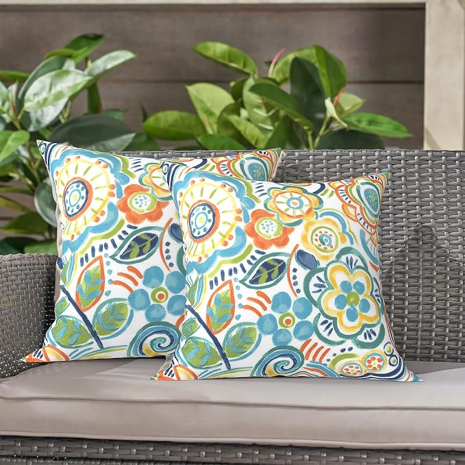 LVTXIII 2 Pack Outdoor Throw Pillow Covers for Patio Furniture, 16x16 Inch Square Pillow Case, Water-Repellent Cushion Covers for Garden, Porch, Sofa, Flower Blue