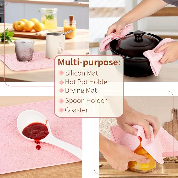 LEHAHA Large Non Slip Serving Tray with Handles, 17.25 x 12 Inch Melamine Serving Platter with Curved Sides, Dinner Tray for Lunch, Coffee, or Breakfast, 4pcs Set, Silicone placemats Included,Pink
