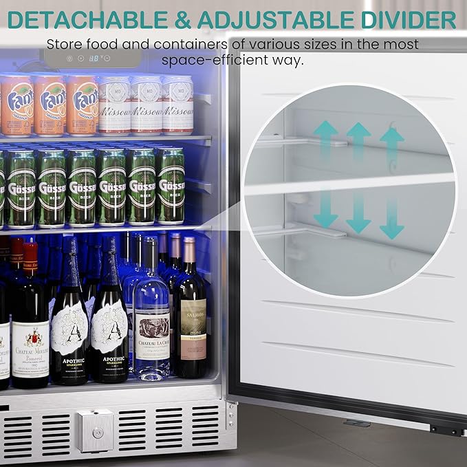 24 Inch Indoor/Outdoor Beverage Refrigerator 170 Cans, Stainless Steel Beverage Refrigerator for Undercounter Built-in or Freestanding, Lockable Door and Auto Defrost, Fast Cooling, Low Noise, 32-50℉