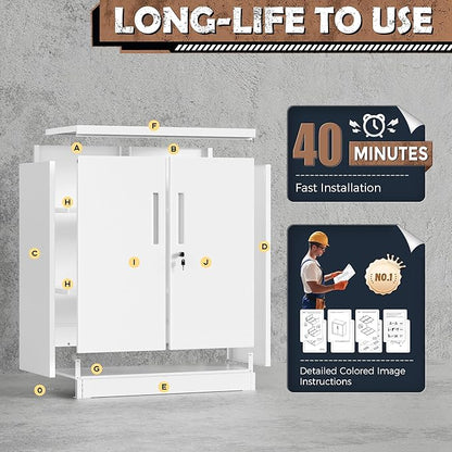 INTERGREAT Metal Garage Storage Cabinet, 36" Locking Counter Cabinet with 2 Locking Doors and 2 Adjustable Shelves, Small Steel Cabinet for for Home Office, Gym, School(White)