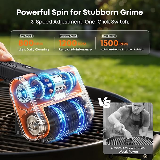 Electric Grill Brush, 1500RPM 3 Speeds, Grill Brush for Outdoor Grill with 3 Heads, Cordless Rechargeable BBQ Grate Cleaner with LED Light, Oil Splash Guard Grill Cleaning Brush for Barbecue Grates