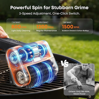 Electric Grill Brush, 1500RPM 3 Speeds, Grill Brush for Outdoor Grill with 3 Heads, Cordless Rechargeable BBQ Grate Cleaner with LED Light, Oil Splash Guard Grill Cleaning Brush for Barbecue Grates
