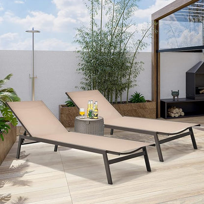 Tangkula Outdoor Chaise Lounge Chair, 6-Position Adjustable Reclining Chair with Breathable Fabric and Heavy Duty Steel Frame, Patio Lounge Chair for Garden, Backyard and Poolside (1, Brown)