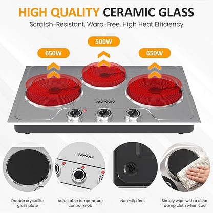 Sunvivi 1800W Triple Burner Portable Electric Ceramic Stove – Knob Control, Indicator Light, Compatible with All Cookware, Ideal for Multiple Cooking Scenarios, Silver