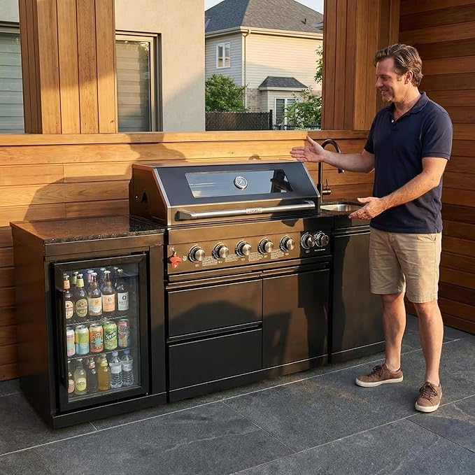 82" Outdoor Kitchen Island,6-Burner Propane Grill – Stainless Steel with Rotisserie Oven,Refrigerator,Granite Countertops & Sink.BBQ Grill Total 85,000 BTU.(Black,Propane)