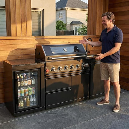 82" Outdoor Kitchen Island,6-Burner Propane Grill – Stainless Steel with Rotisserie Oven,Refrigerator,Granite Countertops & Sink.BBQ Grill Total 85,000 BTU.(Black,Propane)