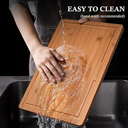 Empune Bamboo Cutting Boards for Kitchen, 3 Piece Extra Thick Cutting Board Set with Juice Groove, Deep Carbonized Bamboo Chopping Board, Reversible Wood Cutting Board for charcuterie boards, Brown