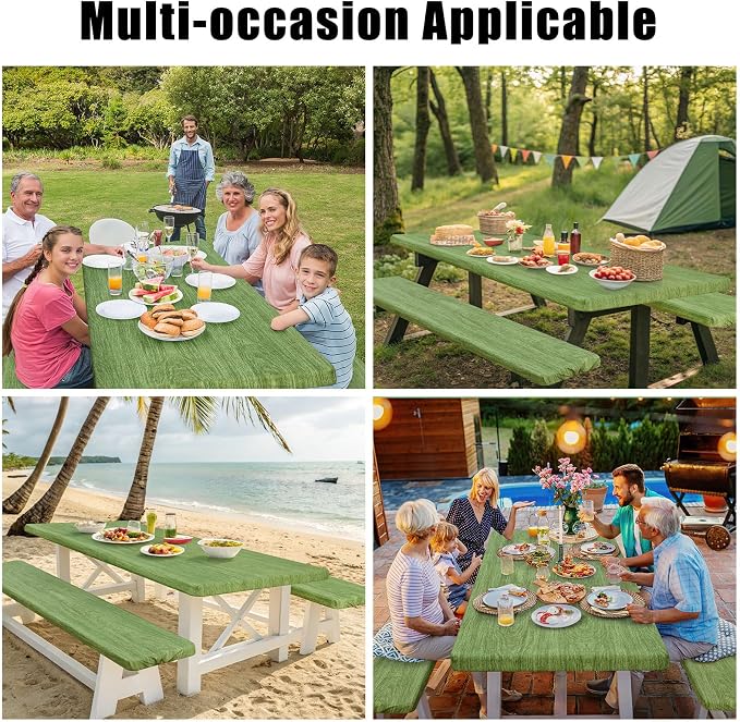 Smiry Picnic Table Cover with Bench Covers, Waterproof Elastic Fitted Tablecloth for 5 Foot Tables, Washable Polyester Tablecloths for Camping, Indoor & Outdoor (Green & Black, 30x60 Inch 3-pc Set)