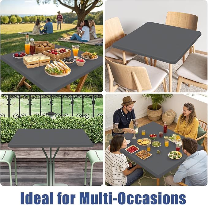 Moosfor 2 Pack Square Spandex Fitted Table Cloth, Elastic Tablecloth | Washable Picnic Table Cover, Stretch Waterproof Table cloths for Party, Patio, Dining, Kitchen, 34" x 34", Dark Grey