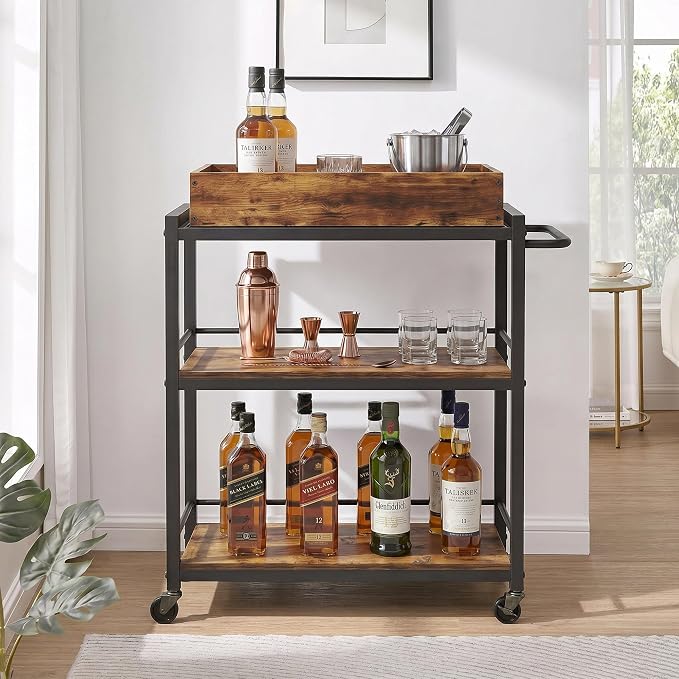 3-Tier Rolling Bar Cart with Removable Tray for Home Kitchen | Rolling Wheels with Handle, 3-Tier Storage, Removable Serving Tray, Sturdy Frame, Multi-Purpose for Kitchen & Bar Use