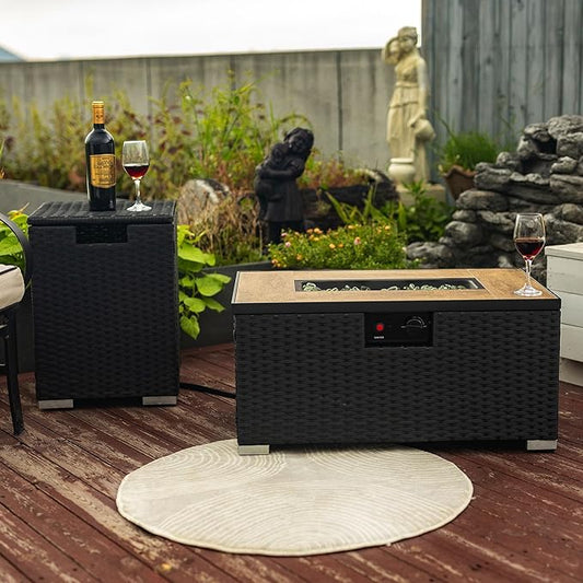 KEIKI 32 Inch Rectangular Fire Pit Table with Tank Holder, Outdoor Propane Gas Firepit Set with Cover, 50000 BTU Wicker Patio Heater