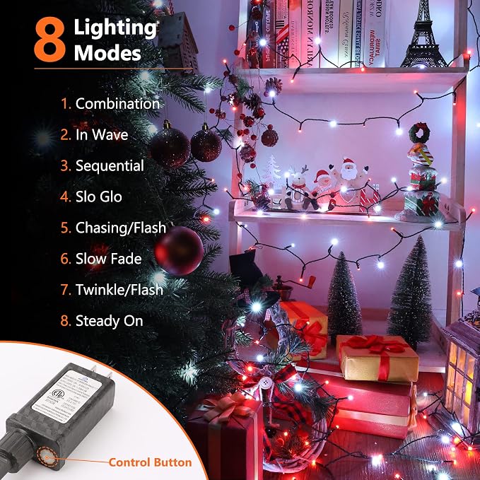 Brizled Red & White Christmas String Lights Indoor Outdoor, 78.74ft 240 LED | Connectable; 8 Modes; Waterproof; Timer; Twinkle Plug in Mini String Light for Xmas Tree Fireplace Party Valentine's Day