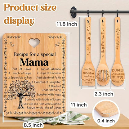 Mama Gifts - "Recipe for a Special Mama" Mama Gifts for Women Cutting Board Set, Bamboo-Made Engraved Utensil Set Gifts for Mama Cutting Board, Mothers Day Gifts for Mama.