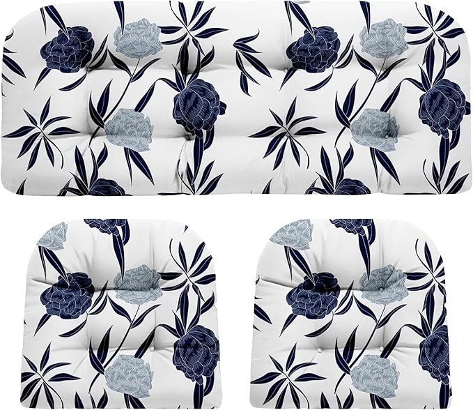 DANGHOOGY Wicker Chair Cushions, Waterproof Outdoor Loveseat Cushions for Patio Furniture, Tufted Wicker Furniture Cushions, 1 Loveseat and 2 U-Shaped Cushions (Blue Enchantress)
