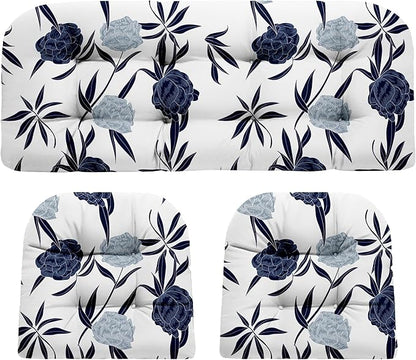 DANGHOOGY Wicker Chair Cushions, Waterproof Outdoor Loveseat Cushions for Patio Furniture, Tufted Wicker Furniture Cushions, 1 Loveseat and 2 U-Shaped Cushions (Blue Enchantress)