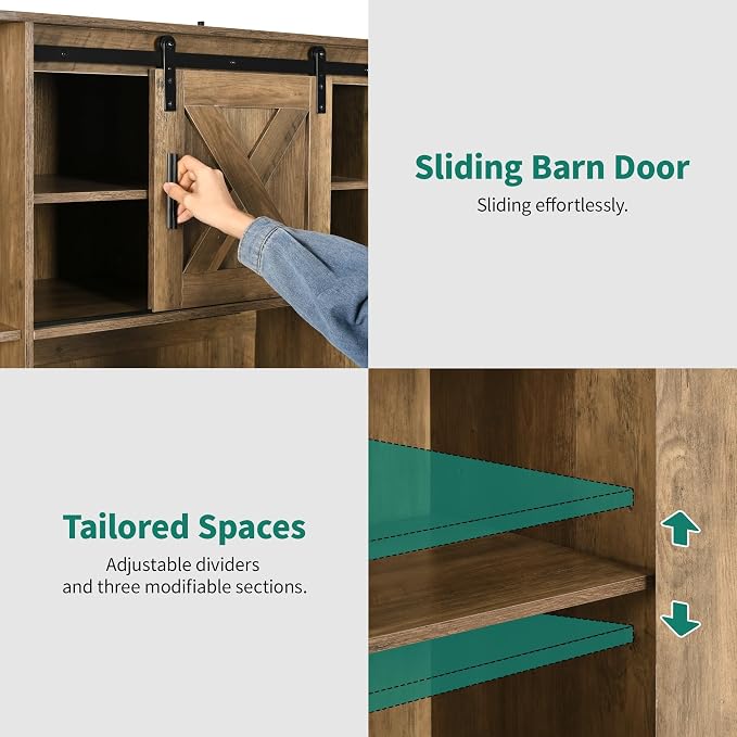 YITAHOME 67" Farmhouse Pantry with Power Outlet & Sliding Barn Door, Oak | Freestanding Hutch with Charging Station, Shelves & Drawer for Kitchen and Dining Room
