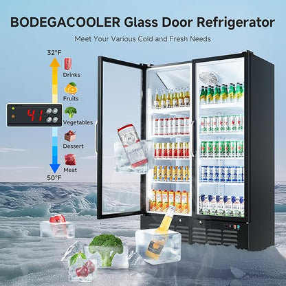 BODEGACOOLER Commercial Merchandiser Refrigerator, 36.8 Cu.Ft Double Glass Door Beverage Cooler, Upright Display Refrigerator with Soft LED Light, Adjustable Shelves, 4 Heavy-Duty Casters, Black