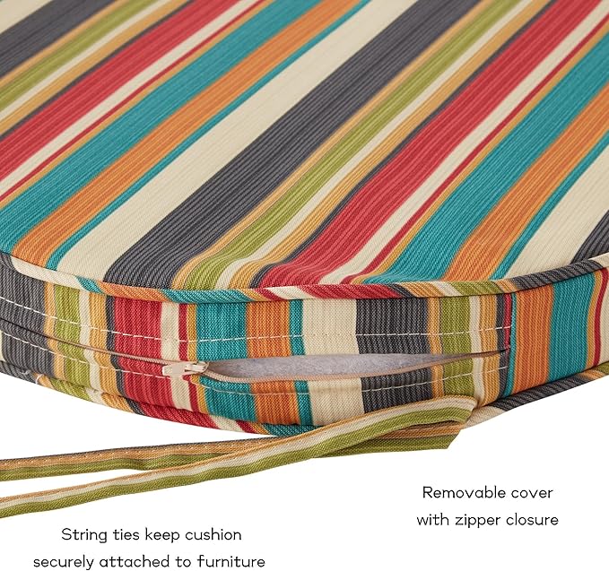 Set of 2 Outdoor 18 inch Round Patio Dining Chair Pads – Comfortable Fiber-Filled Seat Cushions with Ties, Reversible Polyester Fabric - Sunset Stripe