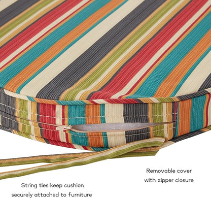 Set of 2 Outdoor 18 inch Round Patio Dining Chair Pads – Comfortable Fiber-Filled Seat Cushions with Ties, Reversible Polyester Fabric - Sunset Stripe