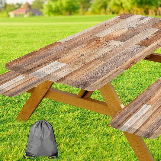 JAWO Rustic Farmhouse Country Wood Plank Picnic Table Cover with Bench Covers, Camper RV Essentials Gear Supplies Outdoor Waterproof Windproof Tablecloth with Elastic, 30X72in