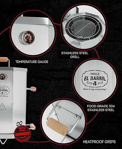 EL BARRIL 20LBS Foldable Barrel Charcoal Grill Smoker - Stainless Steel BBQ Barrel Smoker Grill with Even Heat Airflow for Juicy Tender Meat, Portable Outdoor Grill for Camping, Backyard & Tailgating