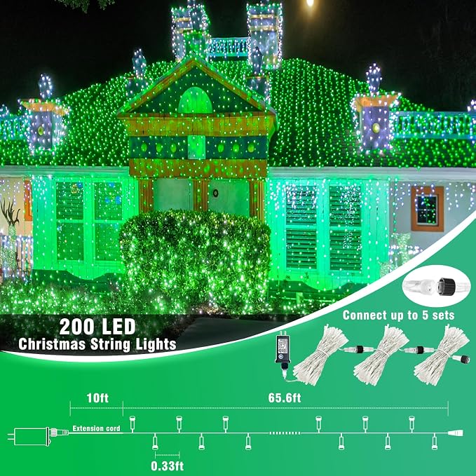 Vivideal 200 LED String Lights Indoor 66FT Green Christmas Lights Outdoor | Connectable Twinkle Fairy Lights Plug in 8 Modes Clear Wire for Classroom Xmas Tree Decorations