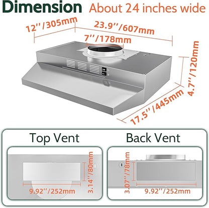 FIREGAS 24 inch Range Hood Under Cabinet, 300CFM Ducted/Ductless Convertible Kithen Hood in Stainless Steel with 2 watt LED Light and Filter, 2 fan speeds, hassle-free installation
