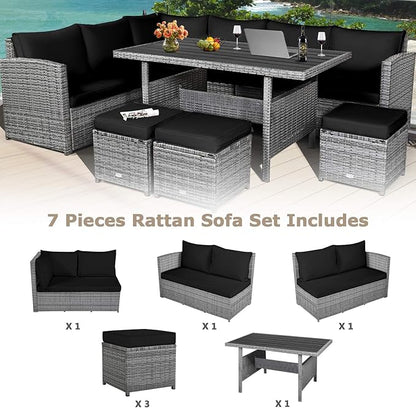 Tangkula 7 Pieces Patio Furniture Set, Outdoor Sectional Rattan Sofa Set with Cushions, All Weather Wicker Conversation Couch Set w/Dining Table & Ottomans for Backyard Garden Poolside, Black