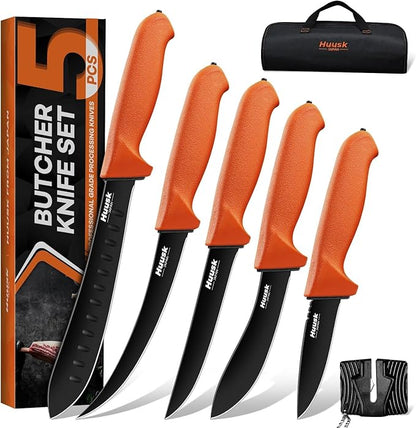 Huusk 5pcs Butcher Knife Set - Professional Meat Processing Kit with Non-Slip Orange Handle, German Stainless Steel Granton Butcher, Skinning, Curved Boning, Caping Knife with Roll Bag Gift for Men