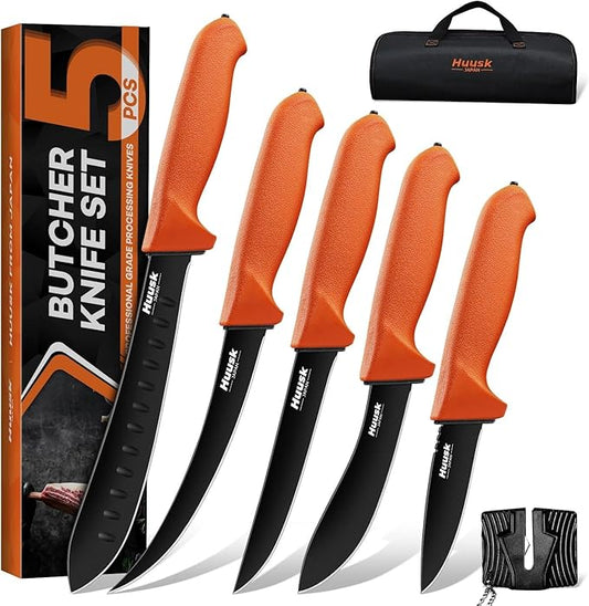 Huusk 5pcs Butcher Knife Set - Professional Meat Processing Kit with Non-Slip Orange Handle, German Stainless Steel Granton Butcher, Skinning, Curved Boning, Caping Knife with Roll Bag Gift for Men