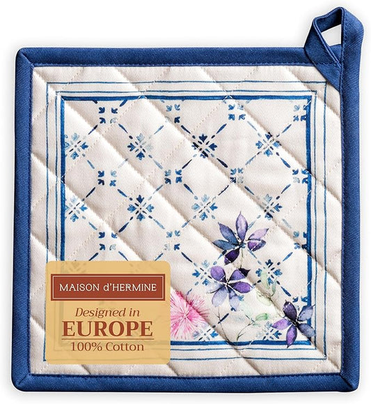 Maison d' Hermine Pot Holders 100% Cotton Heat Resistant Potholders 8" x 8" Hot Pads with Loop BBQ Cooking Baking Hotel Farmhouse Kitchen Handling Hot Pans Spring Summer (Pack of 1, Faience)